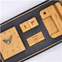 ست چوبی رومیزی تقویم دائمی مکعبی، ساعت و نظم‌دهنده