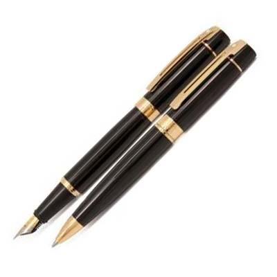 GBP-110 - ست خودنویس و خودکار مشکی گیره طلائی مدل 300