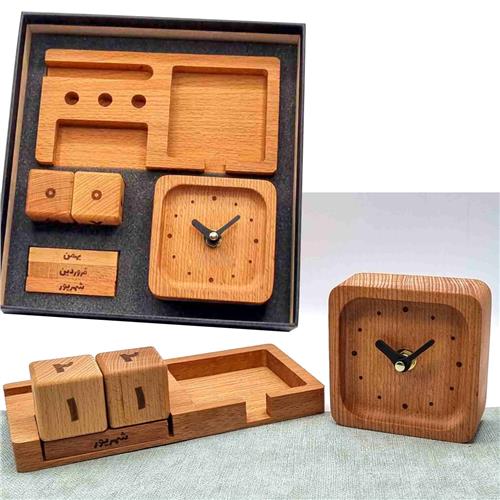 WF-Set-393 - ست چوبی نظم‌دهنده رومیزی با تقویم دائمی، ساعت و استند موبایل