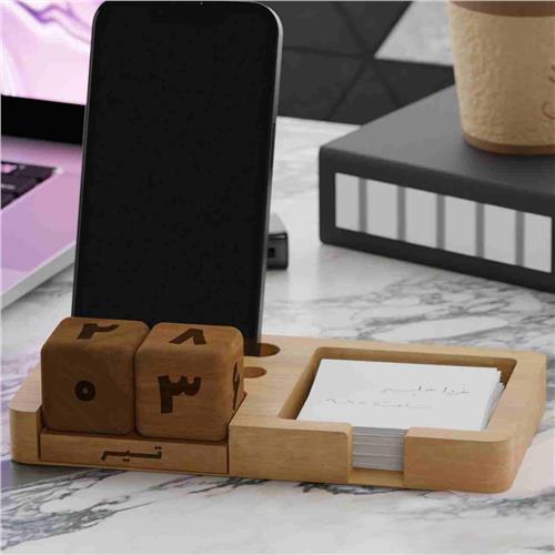 WF-139 - تقویم رومیزی چوبی با جای موبایل و یادداشت
